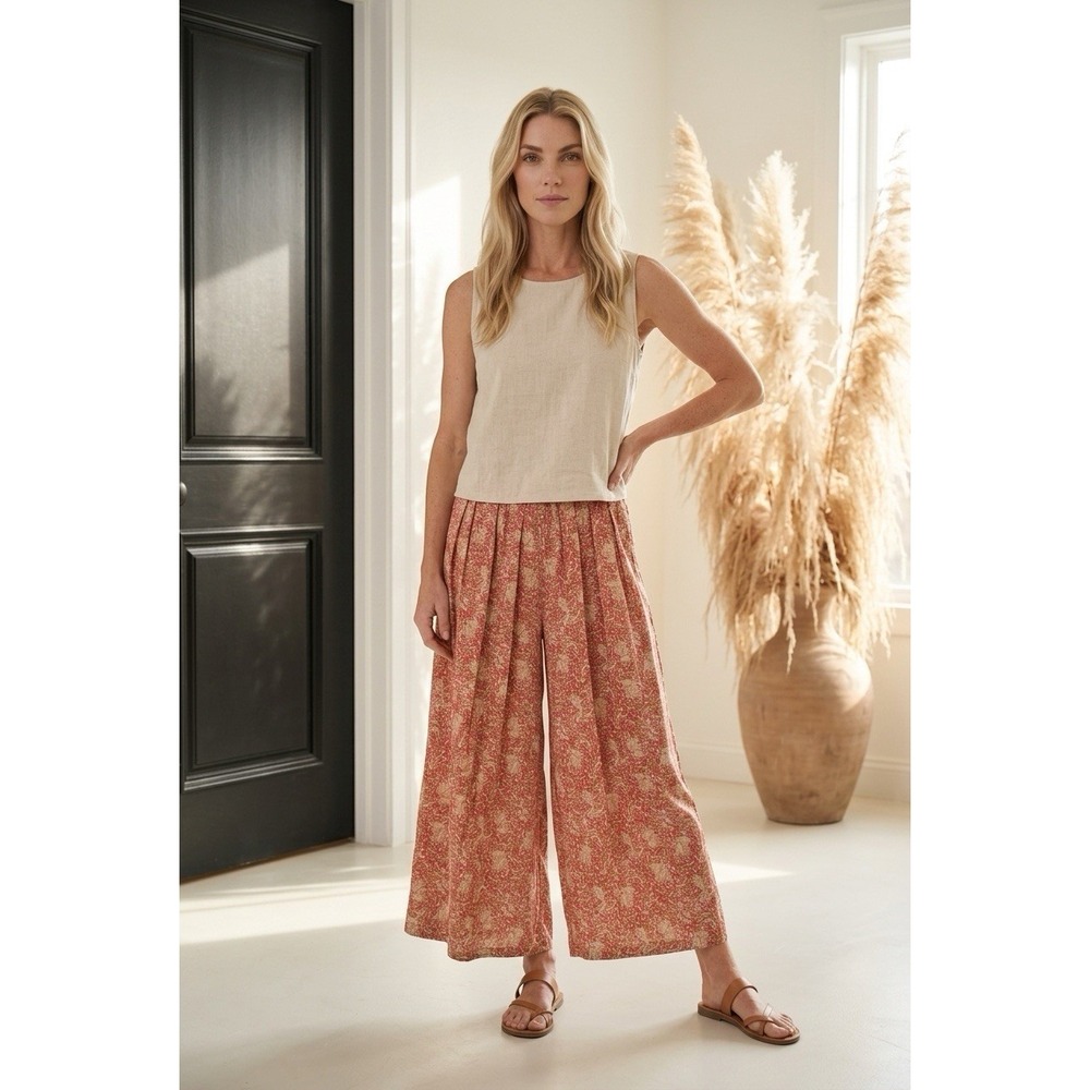 Entro Pink Beige Paisley Floral Wide Leg Palazzo Pants Smocked Waist